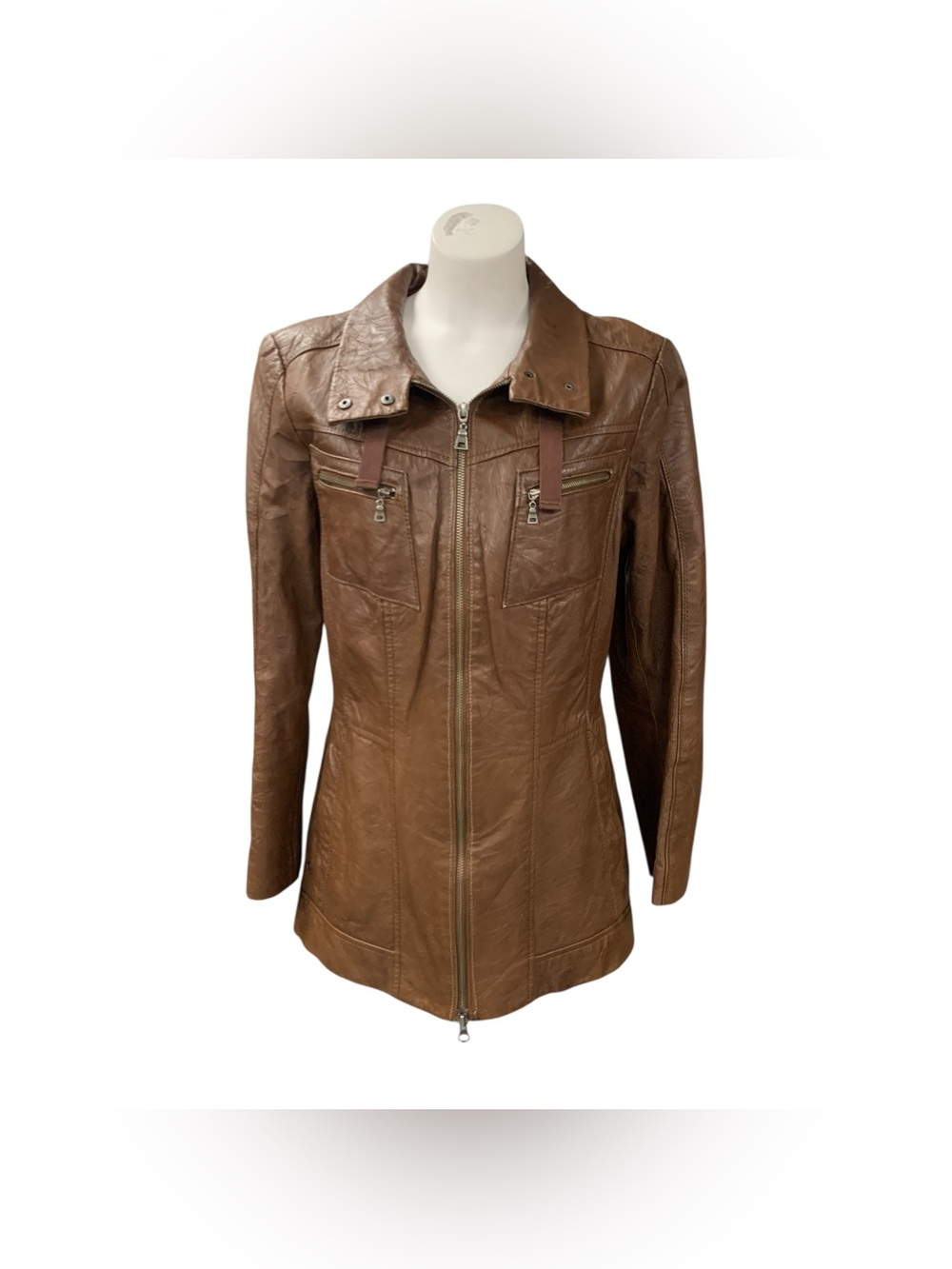 Danier Tan Brown Leather Zip-Front Moto Jacket Size M